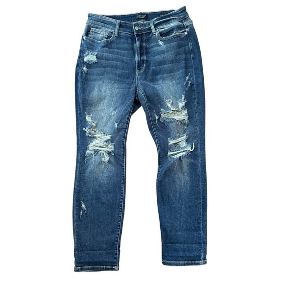 Judy Blue Mid-Rise Cuffed Destroyed Boyfriend Denim Jeans  Size 16W Medium Blue - Picture 2 of 12
